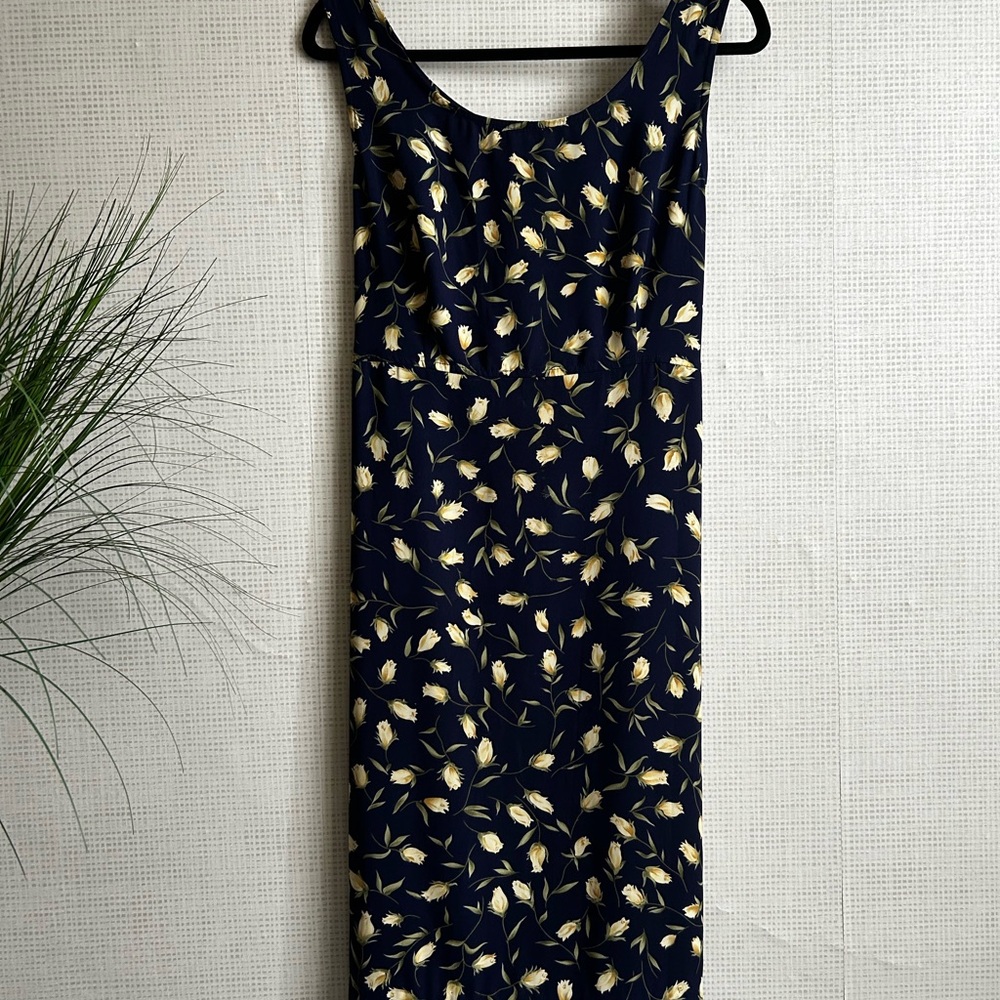 Vintage R & K Original Elegant Navy and Gold Leaf Print Dress